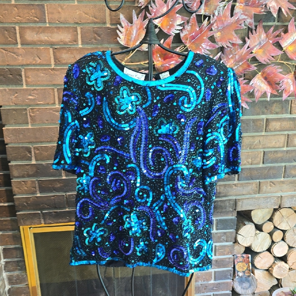 Laurence Kazar - Vintage Sequin Embellished Women's Silk Top, Teal & Black